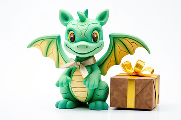 Naklejka premium Green dragon toy figurine near gift box with golden bow isolated on white background.