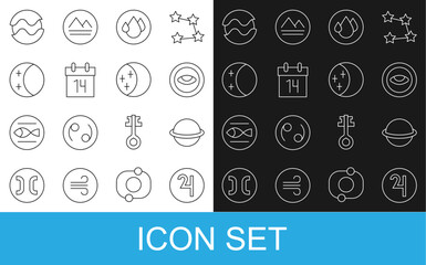 Set line Symbol Jupiter, Planet Saturn, Medallion with eye, Water drop, Calendar, Eclipse of the sun, and icon. Vector