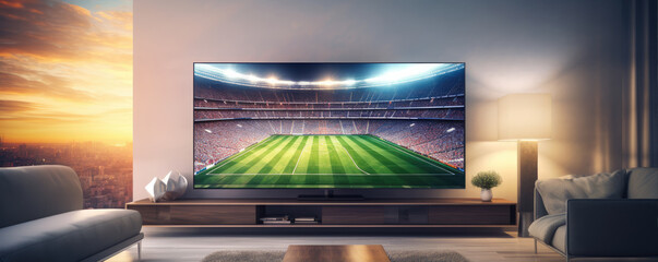 Big Flat Televison with soccer match in modern living room.
