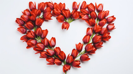 A heart of red tulips on a white background. A romantic symbol for Valentine's Day and Mother's Day.