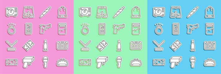 Set line Brass knuckles, Retro audio cassette tape, Plastic bag of drug, Marijuana joint, spliff, Music player, Diamond ring, Vinyl with vinyl disk and Pistol or gun icon. Vector