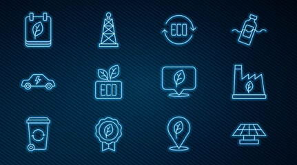 Set line Solar energy panel, Plant recycling garbage, Leaf Eco symbol, Electric car, Calendar with autumn leaves, Location leaf and Oil rig icon. Vector