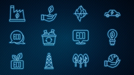 Set line Hand holding Earth globe, Light bulb with leaf, Iceberg, Recycle bin, Leaf Eco symbol, Plant recycling garbage, and hand icon. Vector
