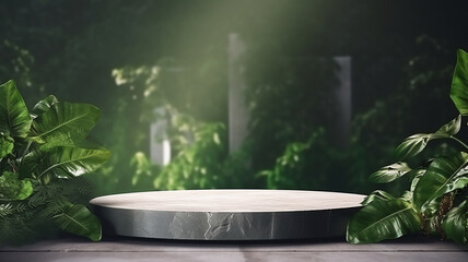 Natural stone and concrete podium in natural green background for product presentation.