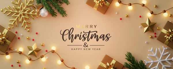 Foto op Plexiglas Christmas banner. Background Xmas design of sparkling lights garland, with realistic gifts box, gold snowflake and green pine leaves. Horizontal christmas poster, greeting cards, headers, website © PW.Stocker