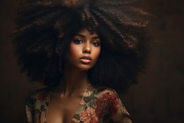 African beautiful woman portrait curly haired young model with dark skin 