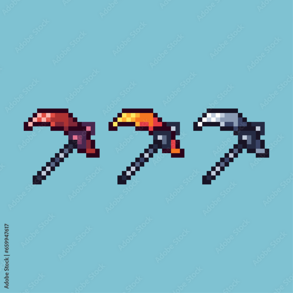 Poster pixel art sets of red,gold,silver sickle with variation color item asset. simple bits of sickle on p