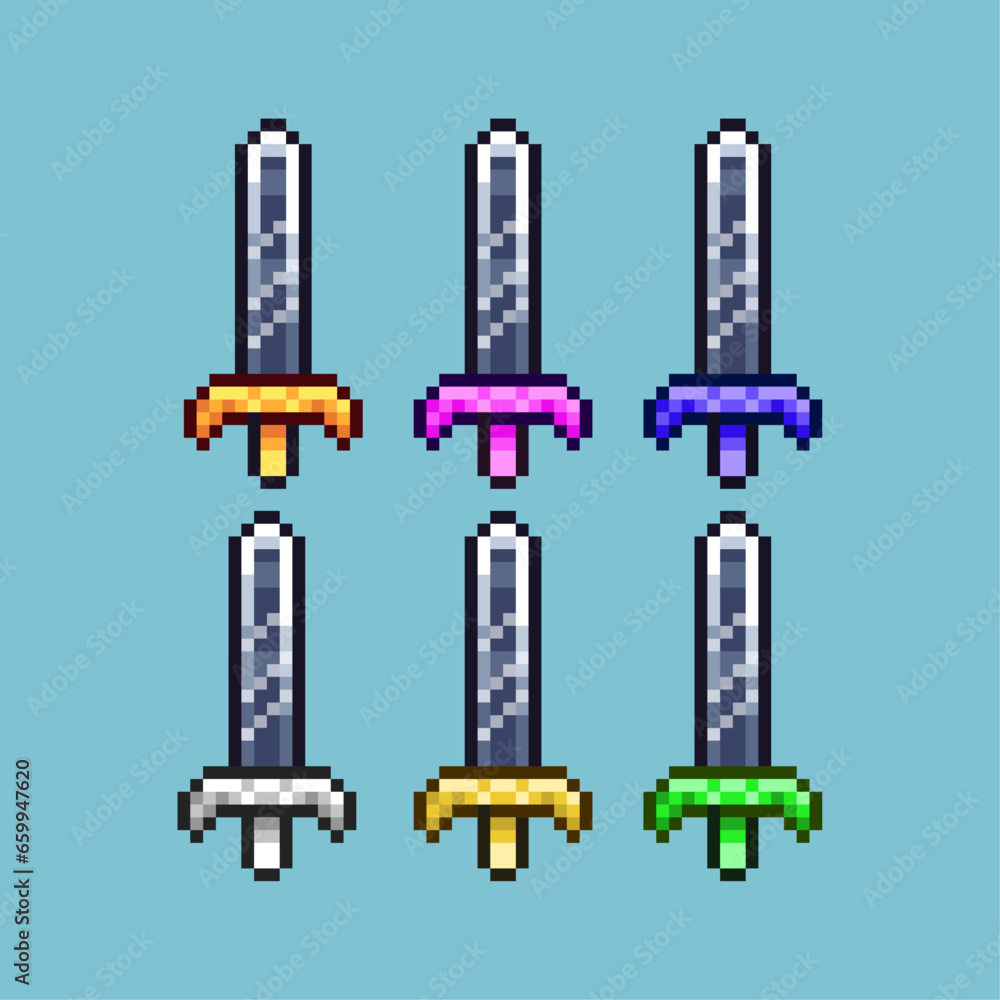 Fototapete pixel art sets of sword weapon with variation color item asset. simple bits of sword knight on pixel