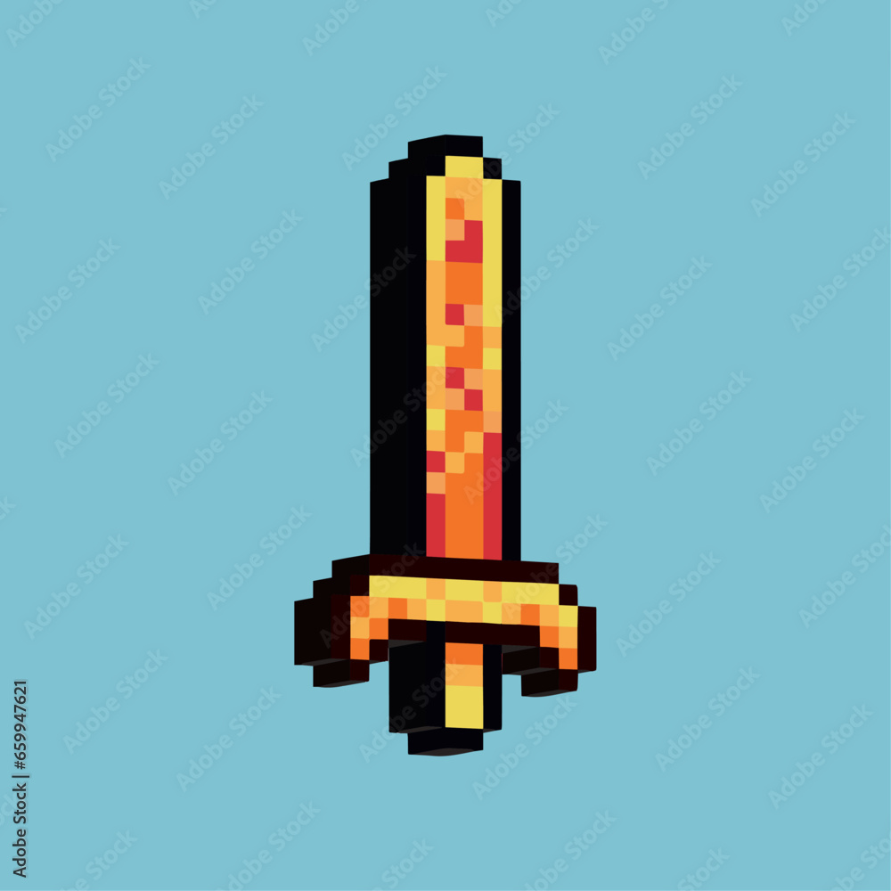 Poster isometric pixel art 3d of sword knight for items asset. golden sword on pixelated style.8bits perfec