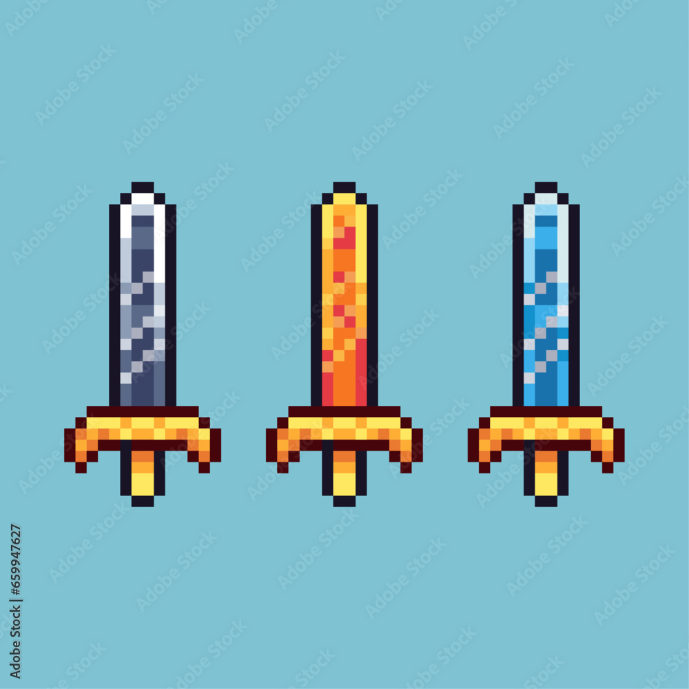 Poster pixel art sets of silver,gold,blue sword with variation color item asset. simple bits of sword on pi