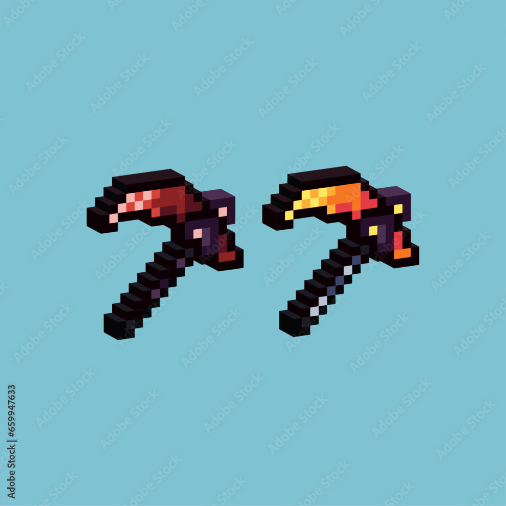 Poster isometric pixel art 3d of gold sickle for items asset. scythe sickle pixelated style.8bits perfect f