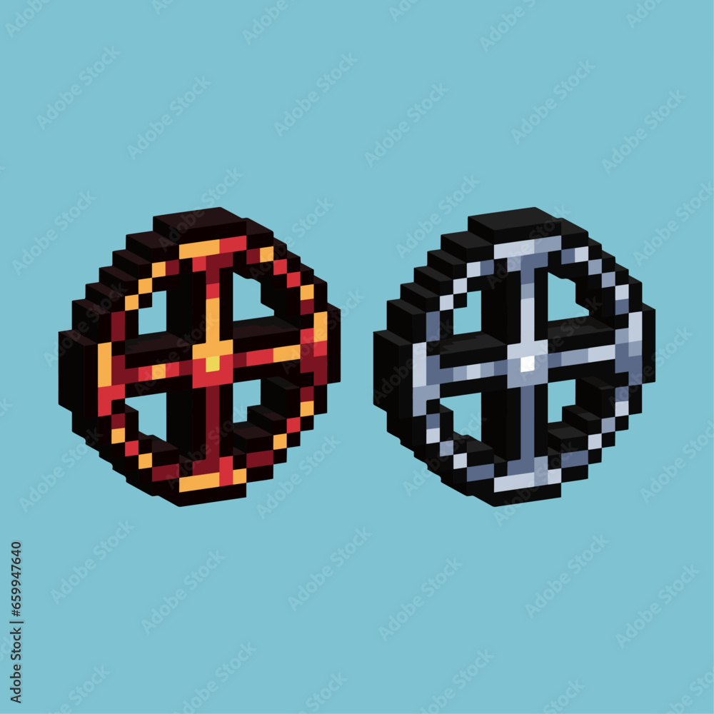 Poster isometric pixel art 3d of valve for items asset. gold and silver valve on pixelated style.8bits perf