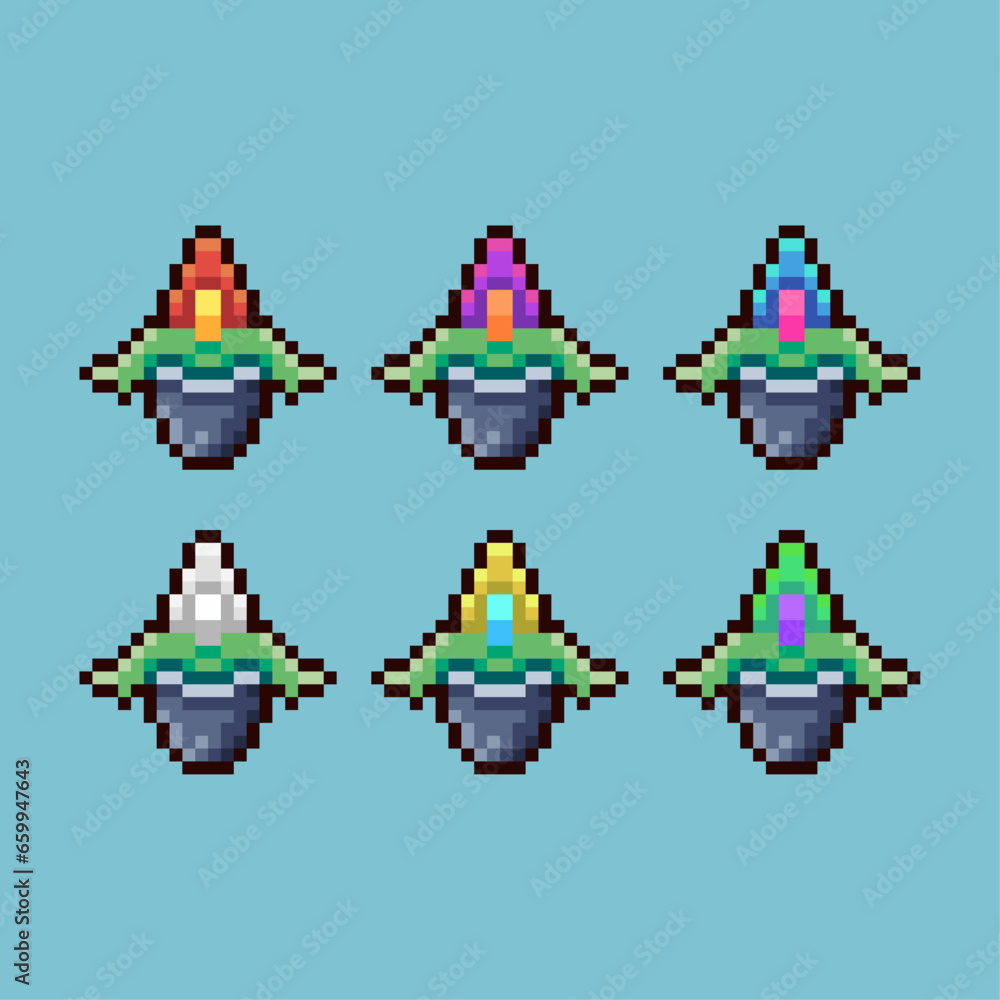 Poster pixel art sets of flower plant decoration with variation color item asset. simple bits of flower on 