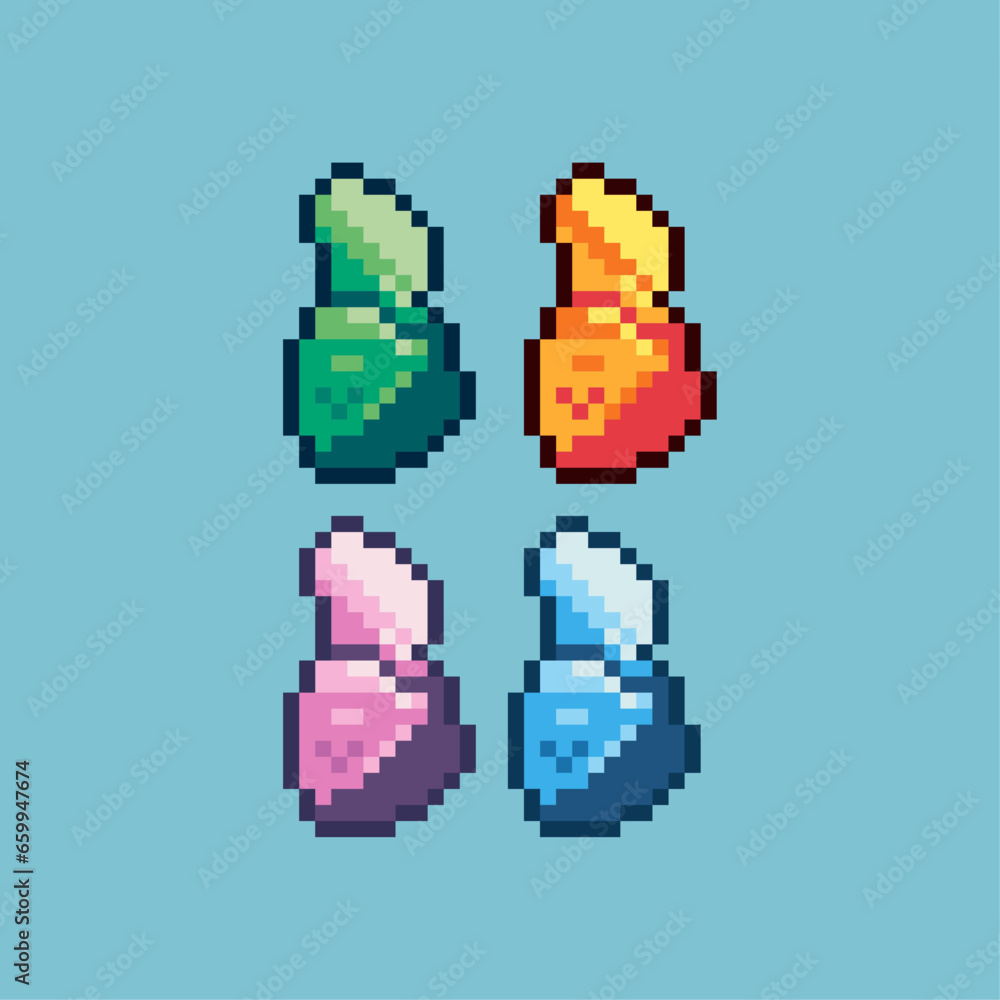 Poster pixel art sets of rock material with variation color item asset. simple bits of gems material on pix