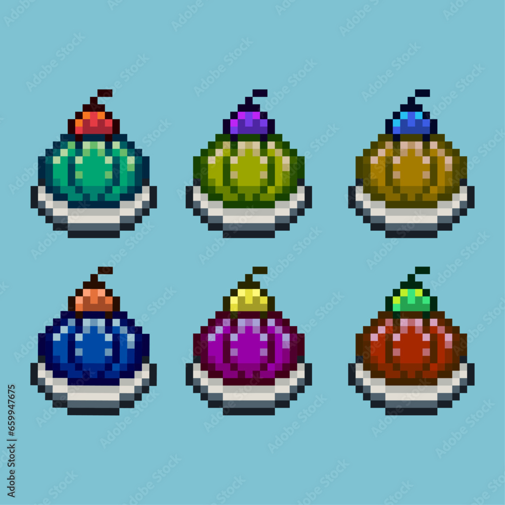 Poster pixel art sets of watermelon cake with variation color item asset. simple bits of food cake on pixel