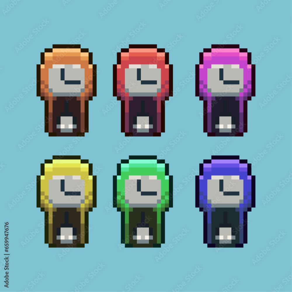 Poster pixel art sets of melody wall clock with variation color item asset. simple bits of pendulum clock o