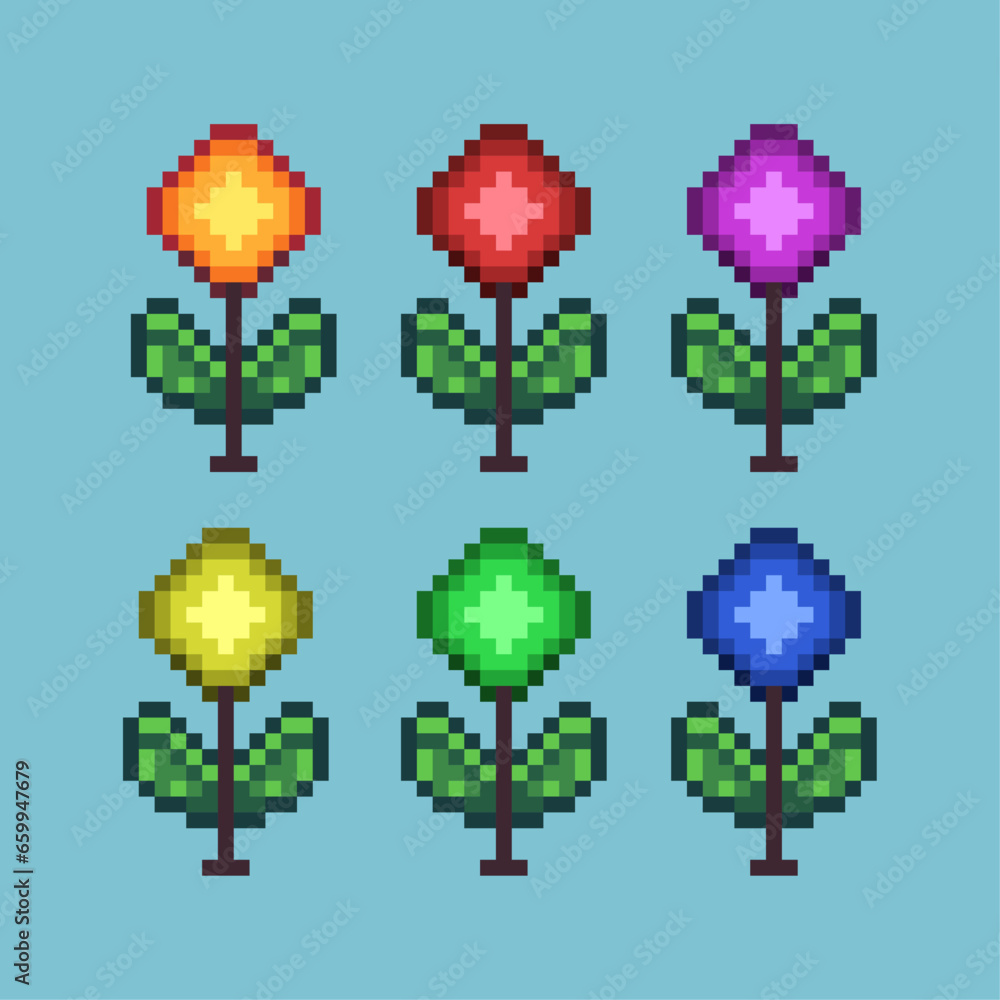 Poster pixel art sets of flower plant with variation color item asset. simple bits of plant flower on pixel