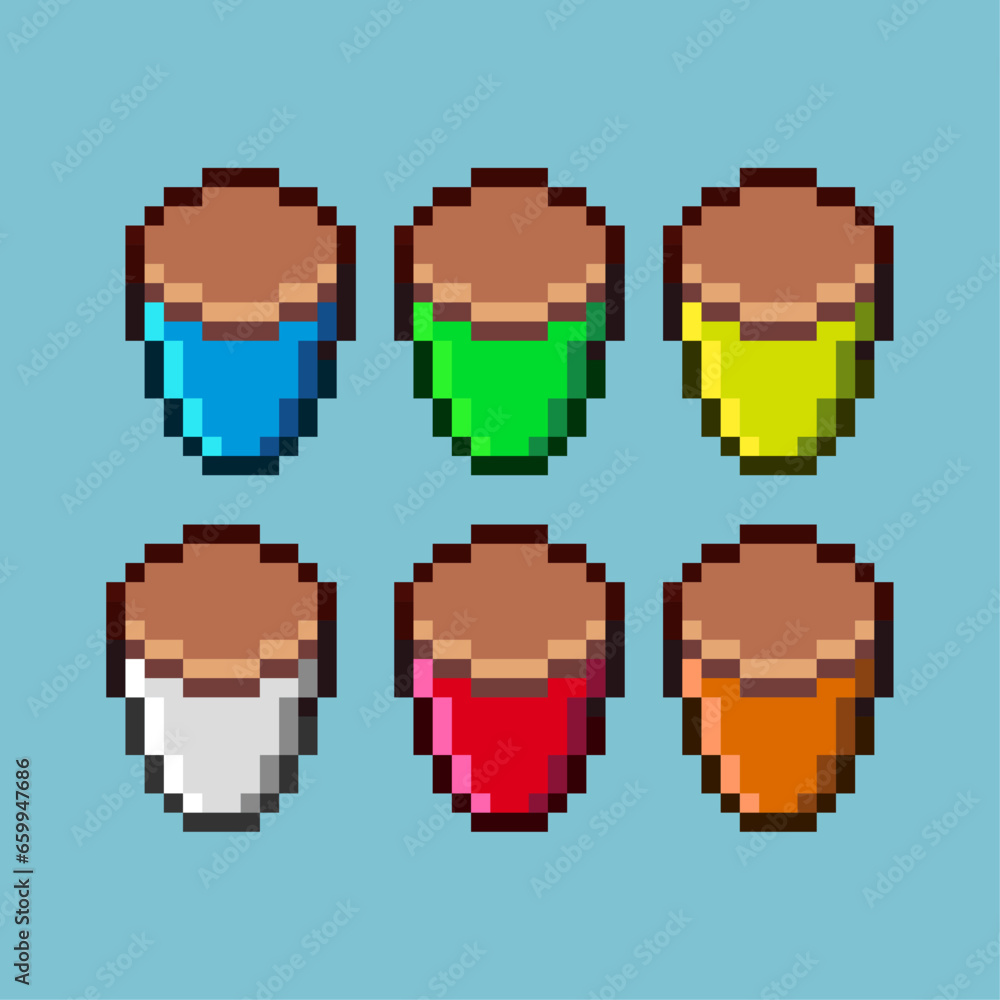 Poster pixel art sets of jar with variation color item asset. simple bits of jar glass on pixelated style. 