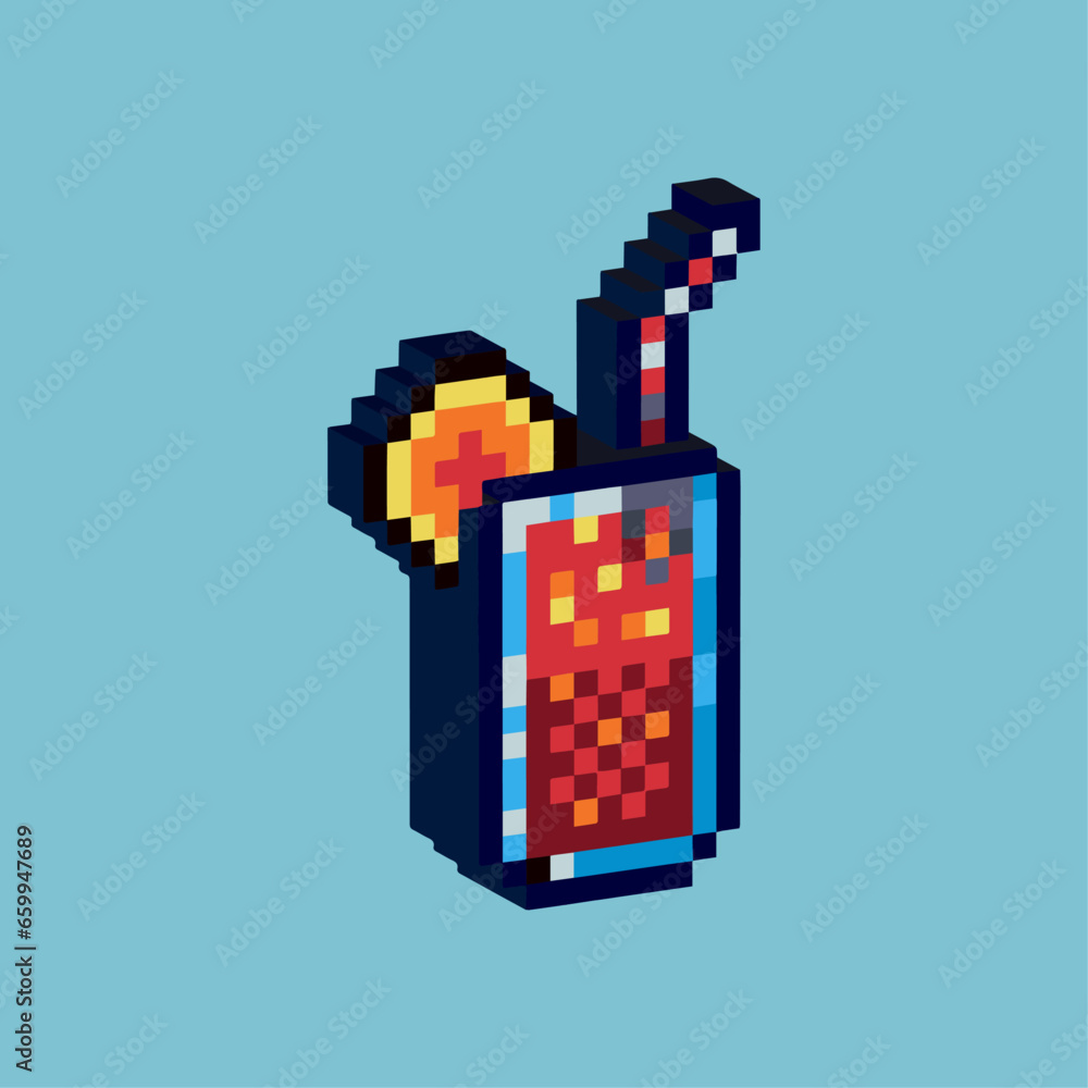 Poster isometric pixel art 3d of glass of juice for items asset. juice on pixelated style.8bits perfect for