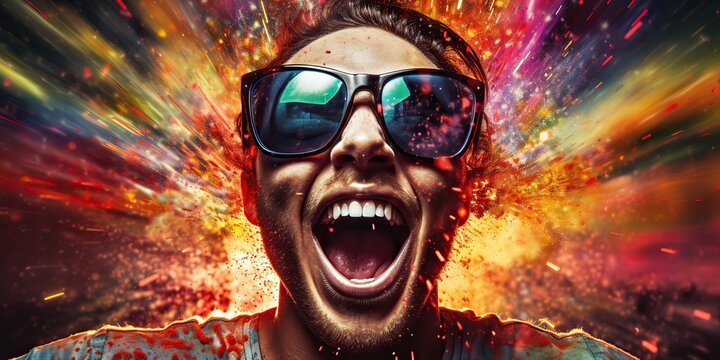 AI Generated. AI Generative. Vibrant multi color explosion holi powder boom with handsome man portrait in sunglasses. Graphic Art