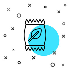 Black line Fertilizer bag icon isolated on white background. Random dynamic shapes. Vector