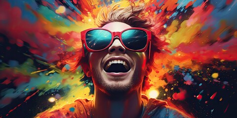 AI Generated. AI Generative. Vibrant multi color explosion holi powder boom with handsome man portrait in sunglasses. Graphic Art