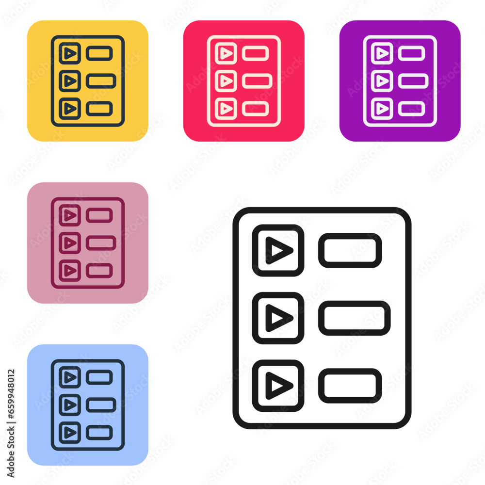Poster black line music playlist icon isolated on white background. set icons in color square buttons. vect