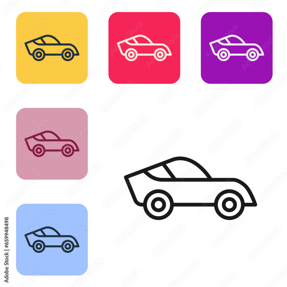 Poster black line car icon isolated on white background. set icons in color square buttons. vector