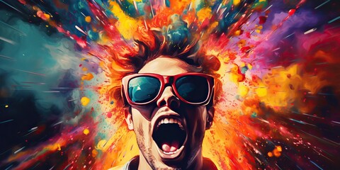 AI Generated. AI Generative. Vibrant multi color explosion holi powder boom with handsome man portrait in sunglasses. Graphic Art
