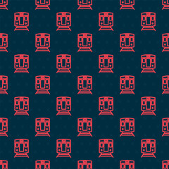 Red line Train and railway icon isolated seamless pattern on black background. Public transportation symbol. Subway train transport. Metro underground. Vector