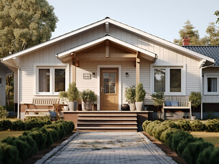 Fototapeta na wymiar Elegant beige house exterior with cozy outdoor furniture. AI Generation.