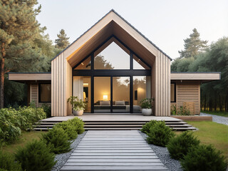 Clean lines in the light wood house exterior. AI Generation.