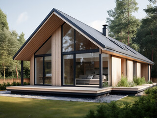 Bright and inviting light wood house exterior. AI Generation.