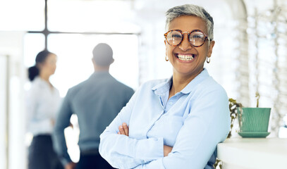 Glasses, arms crossed and store portrait of happy woman for visual wellness, ophthalmology or...