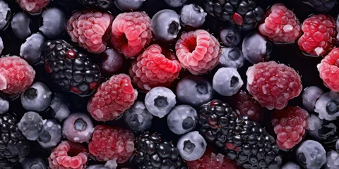 Fotobehang Frozen Raspberries Blackberries And Blueberries With Pieces Of Ice And Frost Created Using Artificial Intelligence © Damianius
