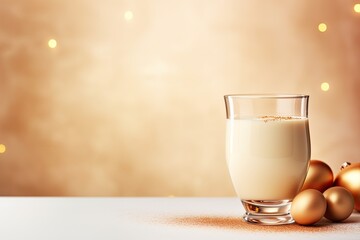 A traditional Christmas drink, eggnog is a sweet drink made from raw chicken eggs and milk, with spices. On a beige background.