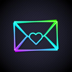 Naklejka premium Glowing neon line Envelope with Valentine heart icon isolated on black background. Message love. Letter love and romance. Happy Valentines day. Vector