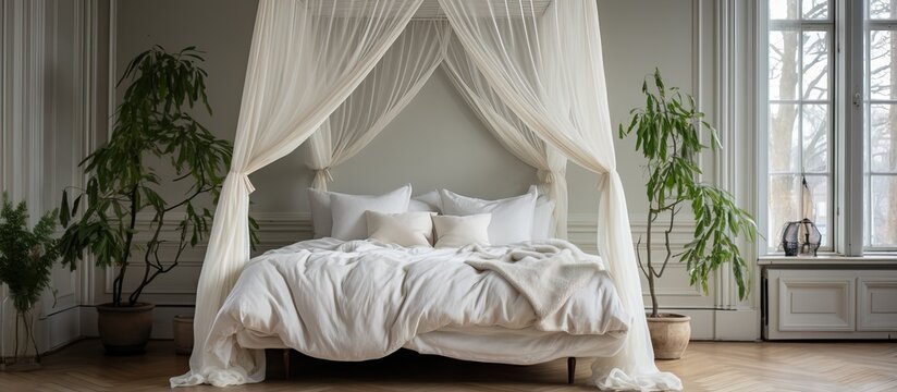 Canopy bed in Stockholm home with white linens