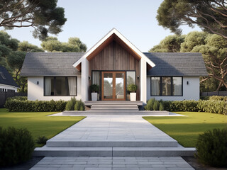 Modern grey house exterior with chic furniture. AI Generation.