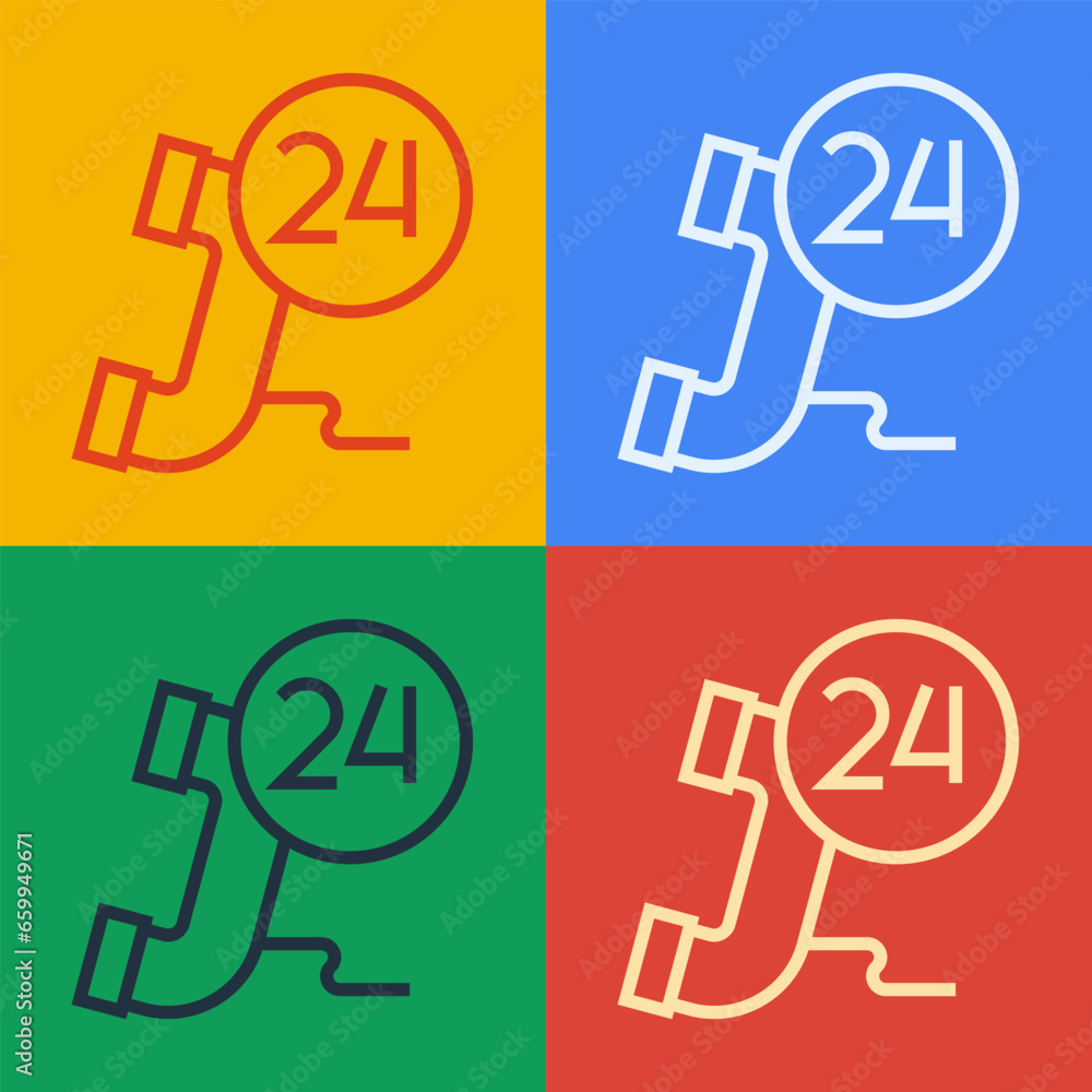 Poster pop art line telephone 24 hours support icon isolated on color background. all-day customer support 