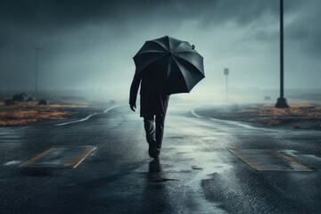 A man walks with holding an umbrella