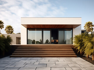 A serene minimalism house exterior welcomes you. AI Generation.