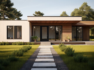 Minimalism house exterior complemented by trendy furniture. AI Generation.