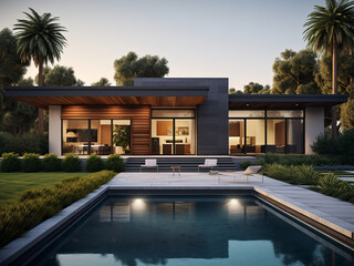 Contemporary modern house exterior and its stylish room. AI Generation.