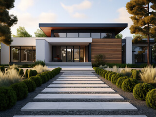 A modern house exterior featuring stylish furniture. AI Generation.