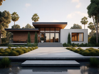 A serene modern house exterior and its room decor. AI Generation.