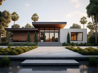 Fototapeta premium A serene modern house exterior and its room decor. AI Generation.