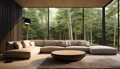 living room with a sofa with large windows overlooking the forest