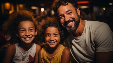 Cheerful multiracial family watching movie in cinema theater. Father and two his daughters spending weekend together. Happy smiling daddy and kids enjoying communication and shared leisure time. - obrazy, fototapety, plakaty
