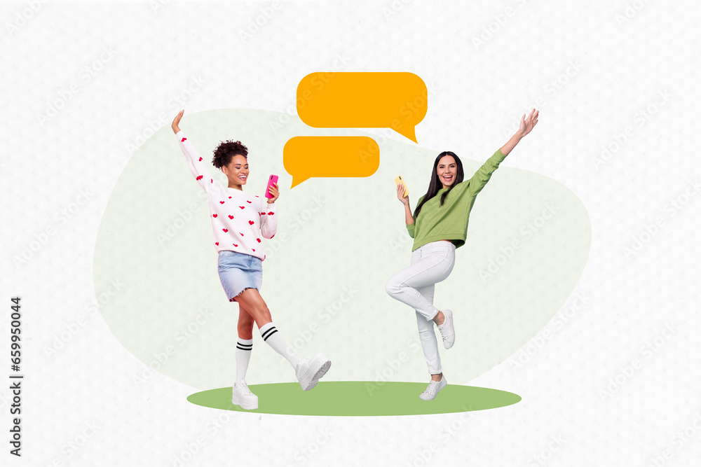 Poster photo collage artwork minimal picture of happy smiling ladies chatting modern devices empty space is